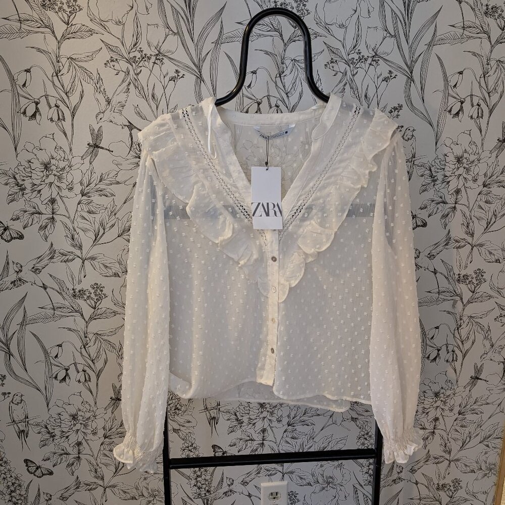 ZARA Sheer Ruffle Blouse | Size L | NWT